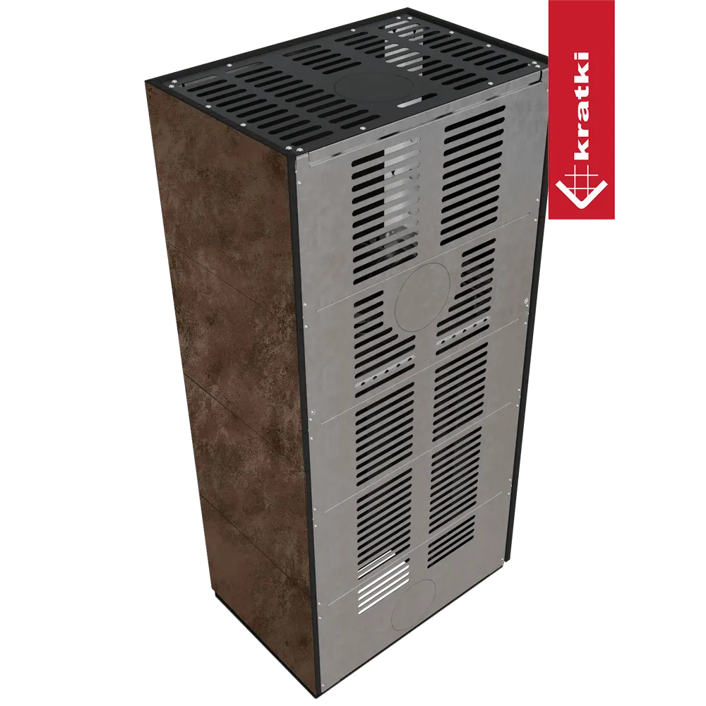 Kratki Floki S 8 kW Rechts, metalen kachel met roestige zijkanten en geventileerde bovenkant.