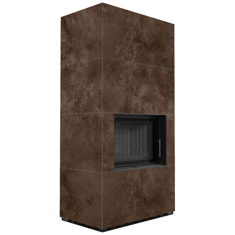 Bruine Kratki Floki S 8 kW haard met strakke, moderne afwerking en rechthoekige opening.