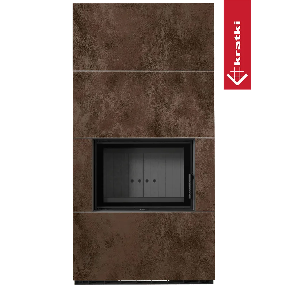 Kratki Floki S 8 kW houtkachel met een modern, rechthoekig ontwerp en roestbruine afwerking.