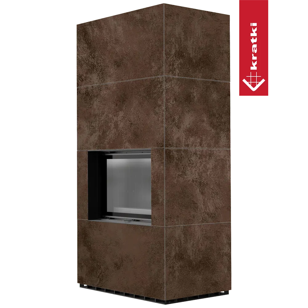 Bruine, rechthoekige Kratki Floki S 8 kW houtkachel met glazen deur en modern ontwerp.
