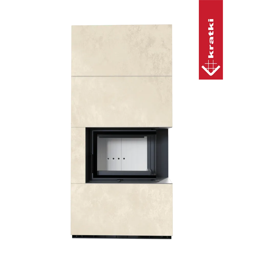 Kratki Floki S 8 kW Rechts, moderne inbouwhaard met beige omkasting en glazen deur rechts.