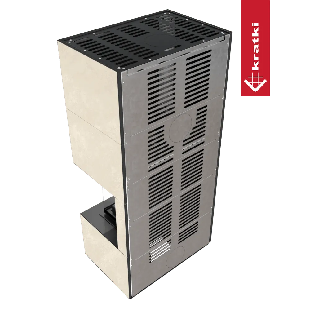 Kratki Floki S 8 kW Rechts, moderne houtkachel met metalen rooster en beige zijpanelen.