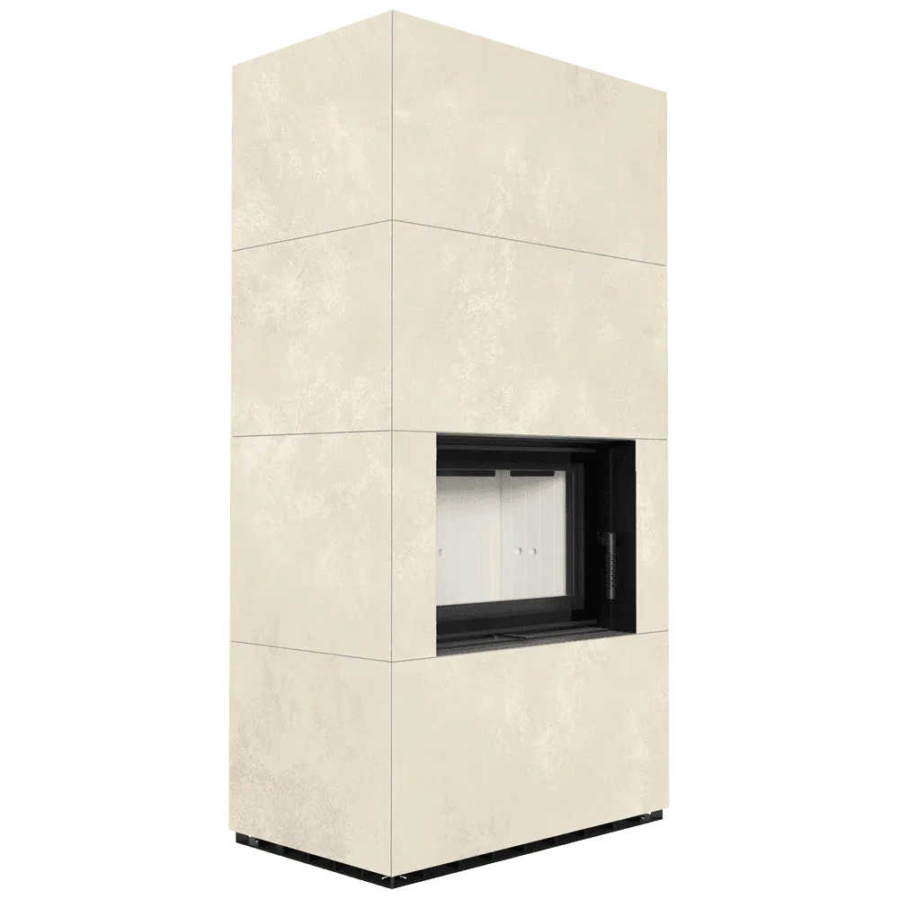 Kratki Floki S 8 kW, moderne beige haard met strakke lijnen en glazen deur.