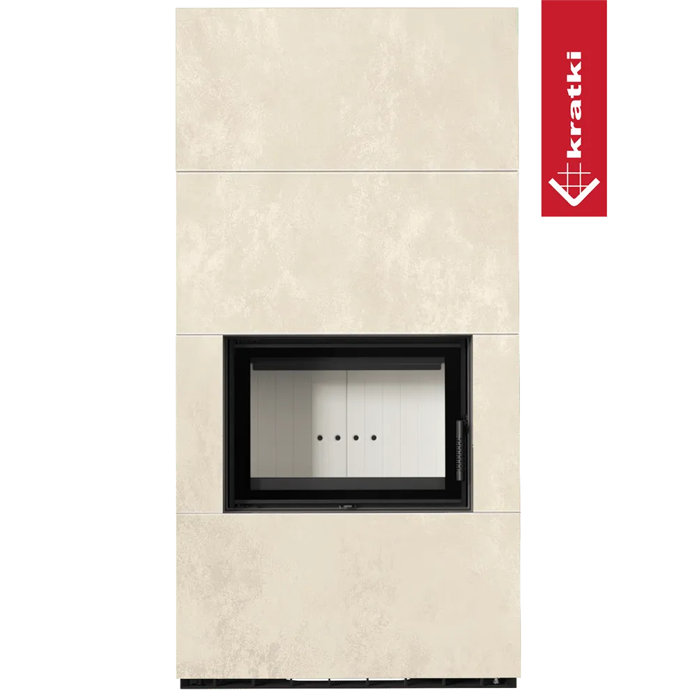 Kratki Floki S 8 kW, moderne beige haard met zwart glazen deur en strak ontwerp.