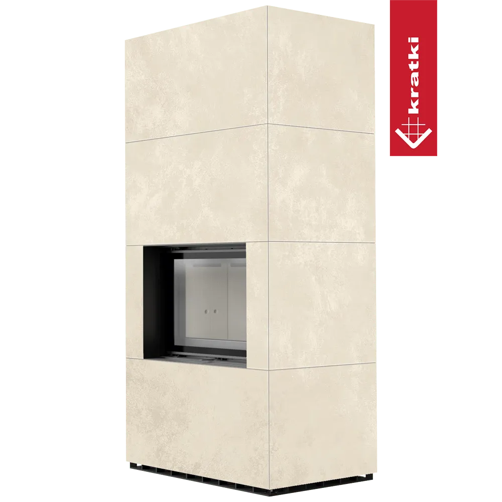 Kratki Floki S 8 kW, moderne beige haard met strakke lijnen en glazen deur.