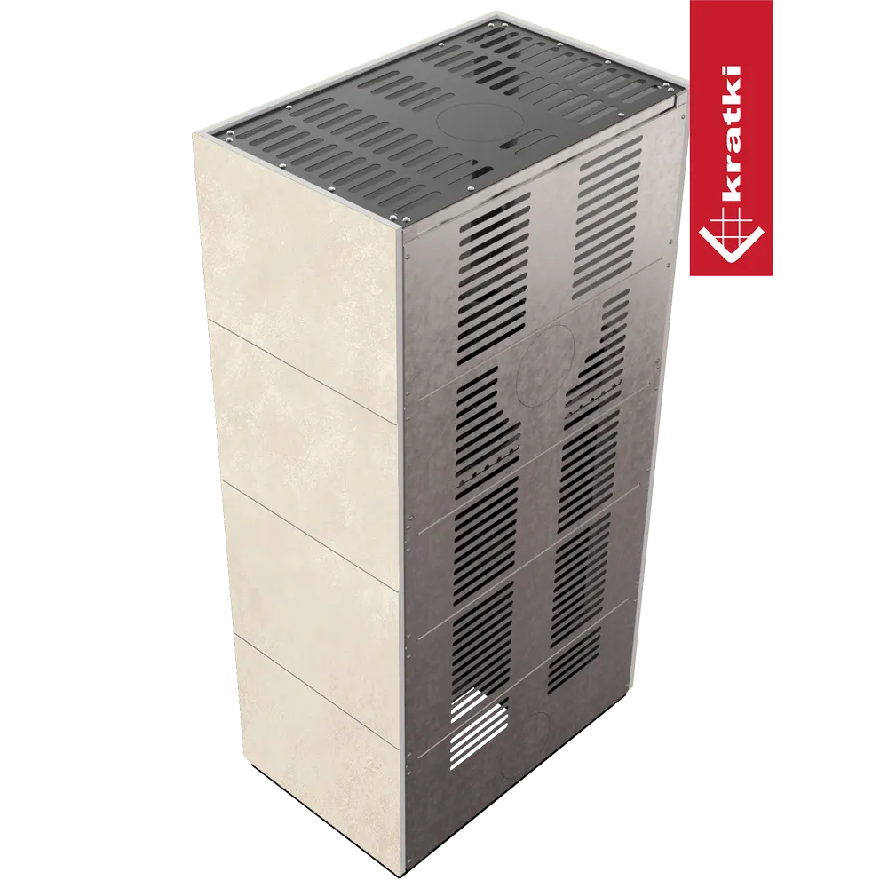 Kratki Floki S 8 kW, moderne vrijstaande kachel met metalen en beige panelen.