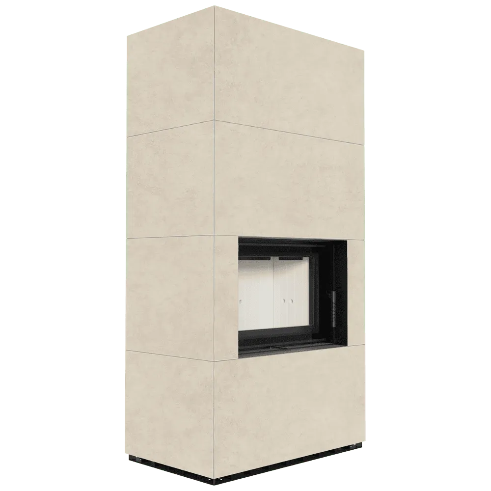 Kratki Floki S 8 kW, moderne beige haard met strakke lijnen en glazen deur.