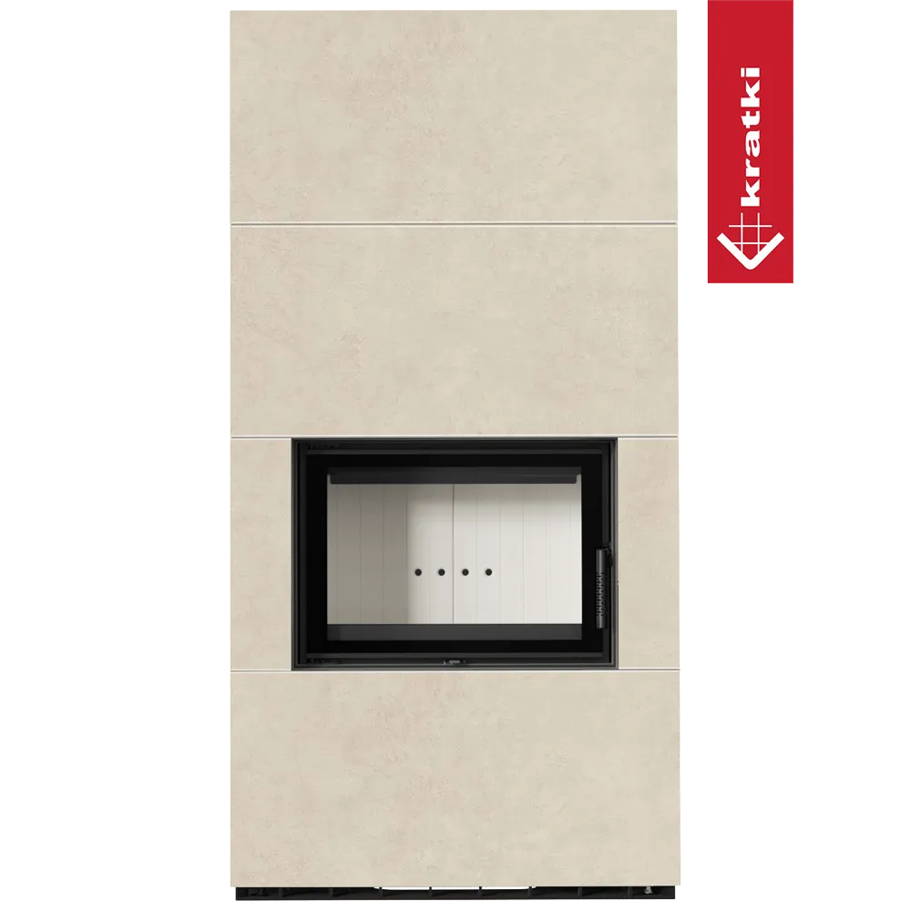 Kratki Floki S 8 kW, moderne beige haard met zwart frame en glazen deur.