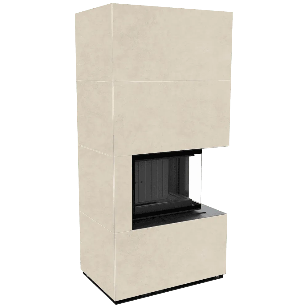 Kratki Floki S 8 kW Rechts, moderne hoekhaard met beige omkasting en glazen zijpaneel.