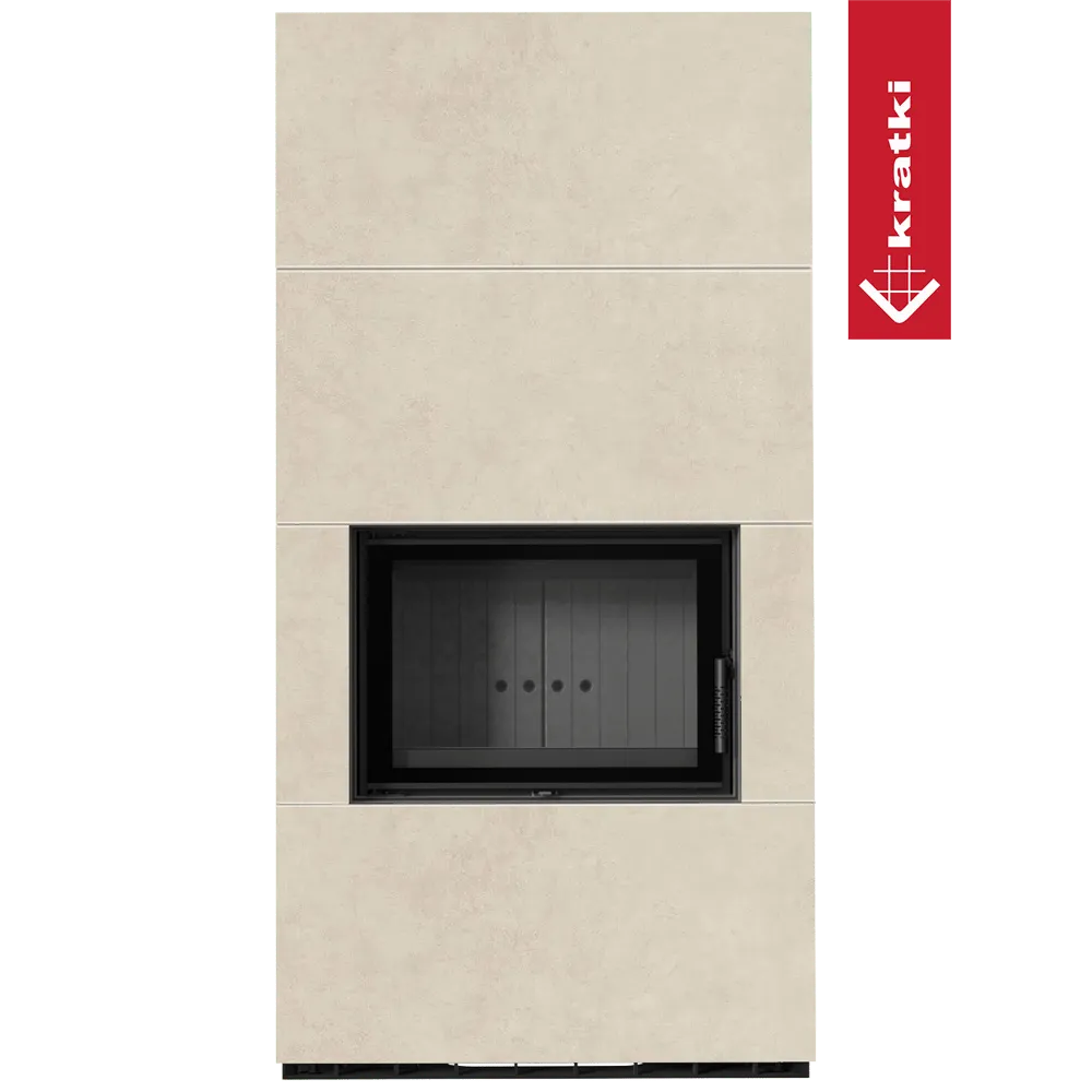 Kratki Floki S 8 kW, moderne beige haard met zwart glazen deur en strak ontwerp.