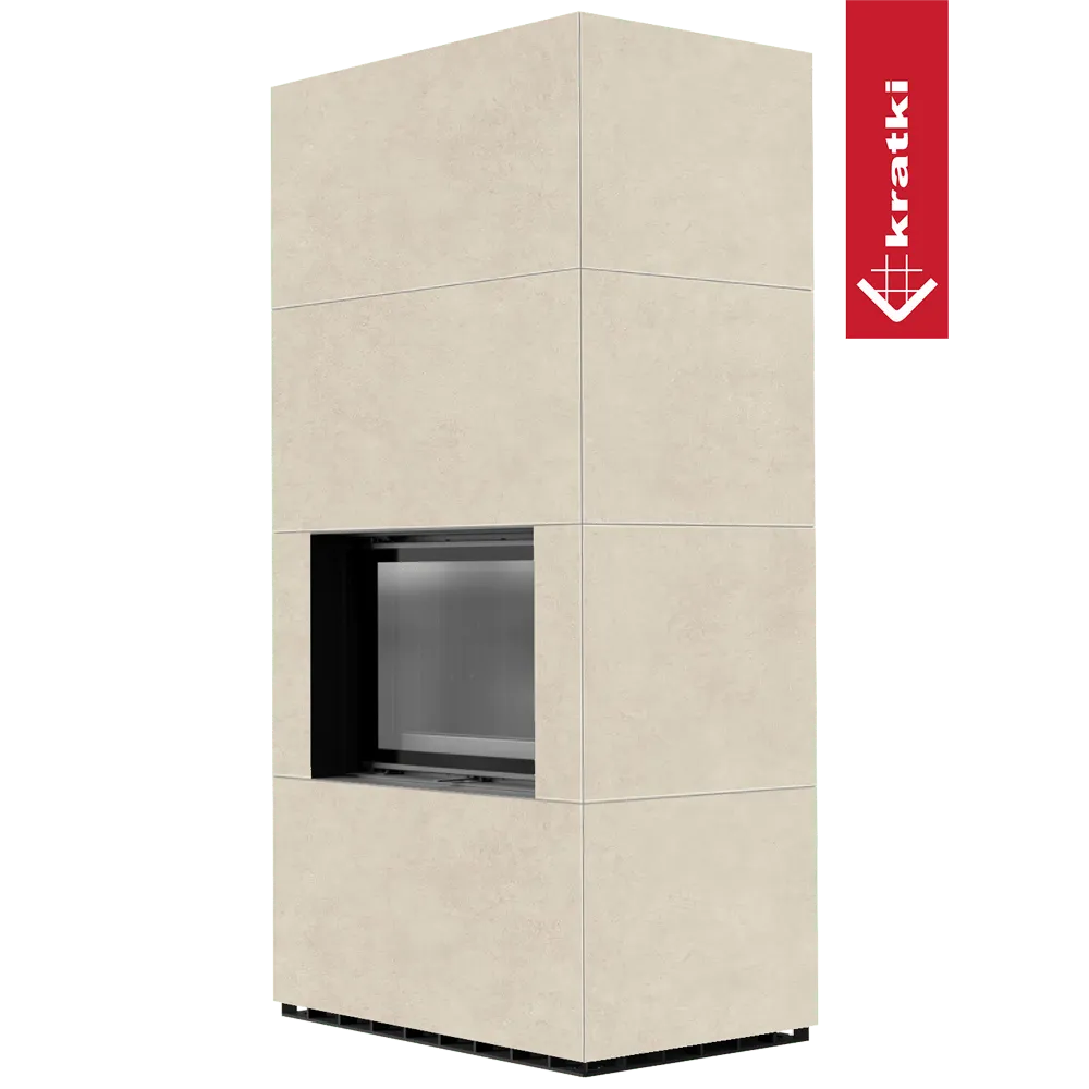 Kratki Floki S 8 kW, moderne beige haard met strakke lijnen en glazen deur.