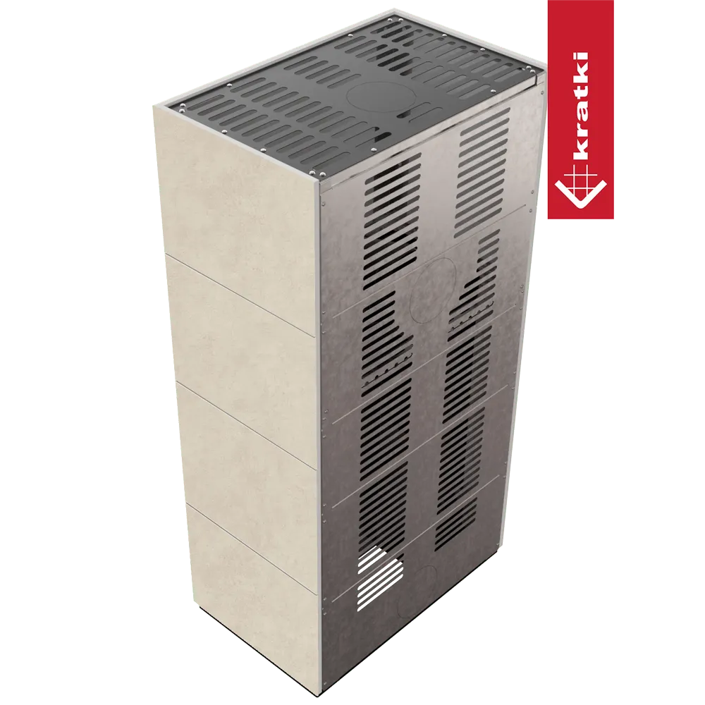 Kratki Floki S 8 kW houtkachel met modern ontwerp en ventilatierooster aan de zijkant.