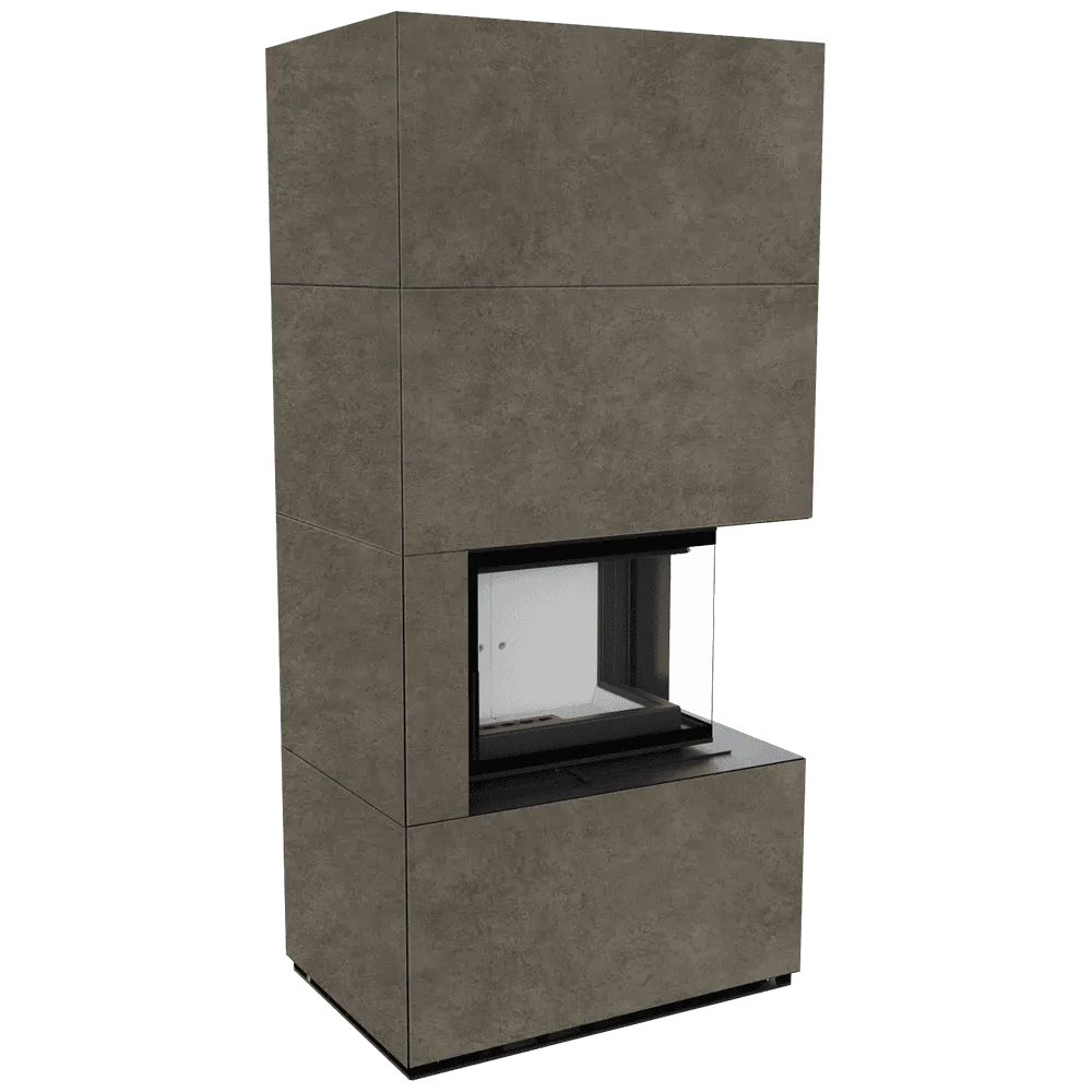 Kratki Floki S 8 kW Rechts, moderne hoekhaard met glazen zijpaneel en strakke, grijze afwerking.