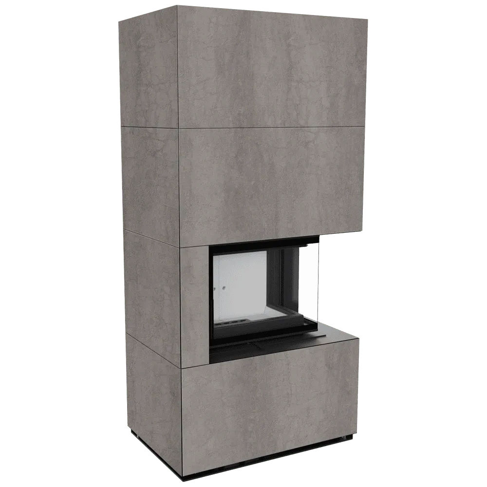Kratki Floki S 8 kW Rechts, moderne hoekhaard met grijze bekleding en glazen zijpaneel.