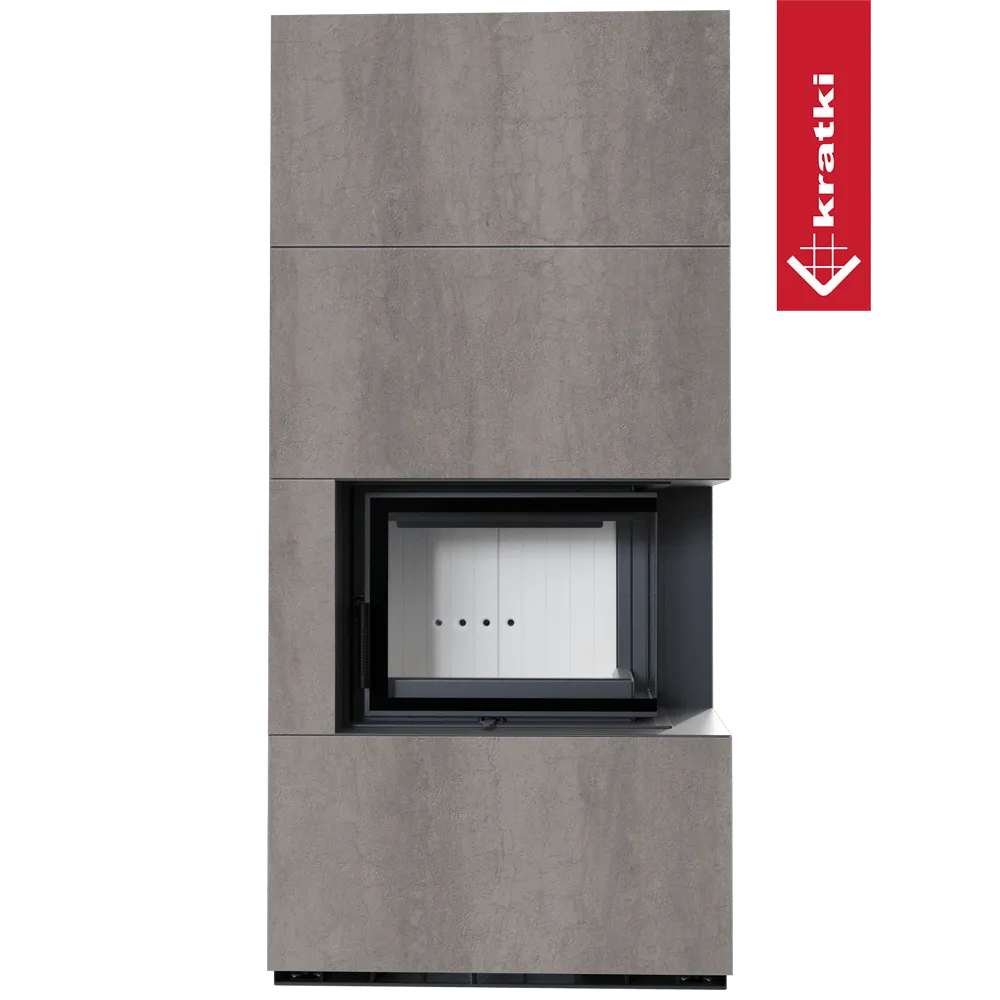 Kratki Floki S 8 kW Rechts, moderne grijze haard met strakke lijnen en glazen deur rechts.