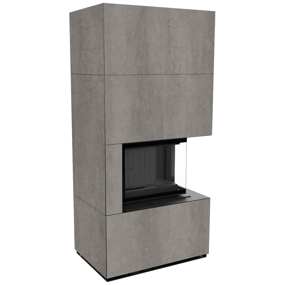 Kratki Floki S 8 kW Rechts, moderne grijze haard met hoekglas aan de rechterkant.