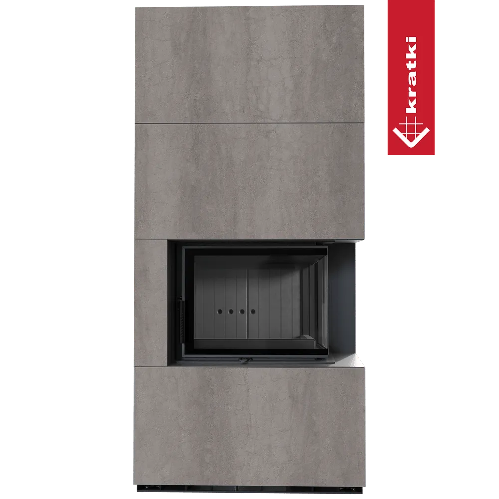 Kratki Floki S 8 kW Rechts, moderne grijze haard met strakke lijnen en glazen deur rechts.