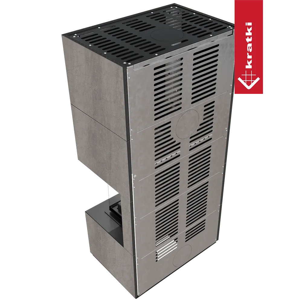 Kratki Floki S 8 kW Rechts, moderne grijze houtkachel met ventilatierooster en strak design.