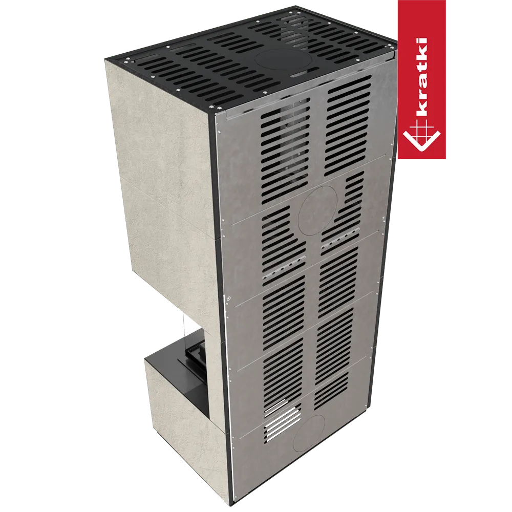 Kratki Floki S 8 kW Rechts, moderne inbouwhaard met ventilatierooster en grijze afwerking.