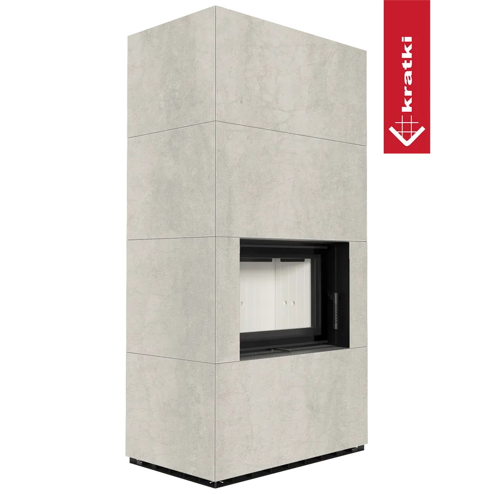 Kratki Floki S 8 kW, moderne grijze haard met strakke lijnen en minimalistisch ontwerp.