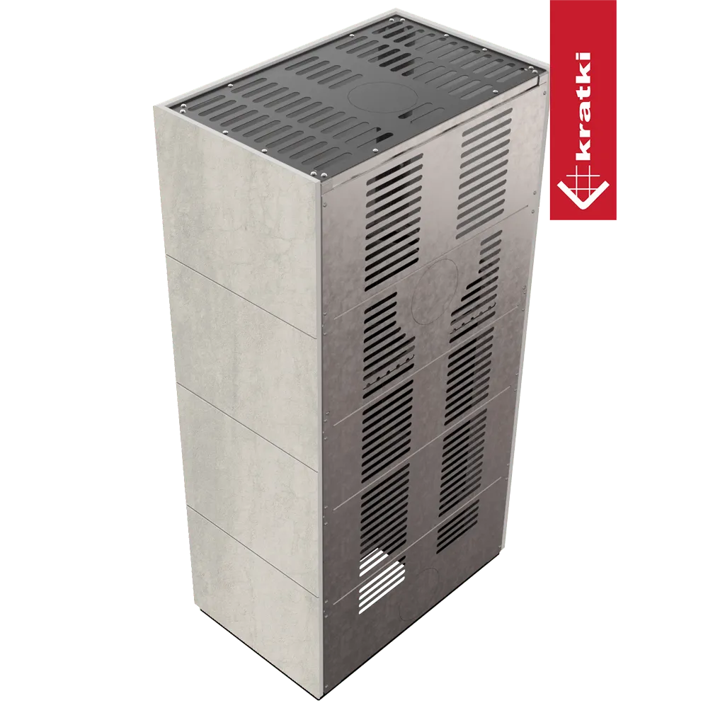 Kratki Floki S 8 kW, moderne grijze kachel met ventilatieopeningen en strak ontwerp.