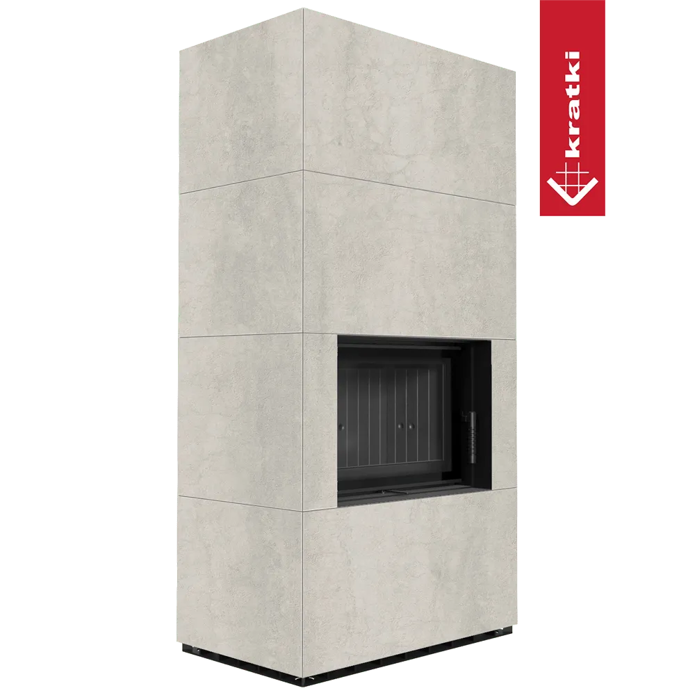 Kratki Floki S 8 kW, moderne grijze haard met strakke lijnen en minimalistisch ontwerp.
