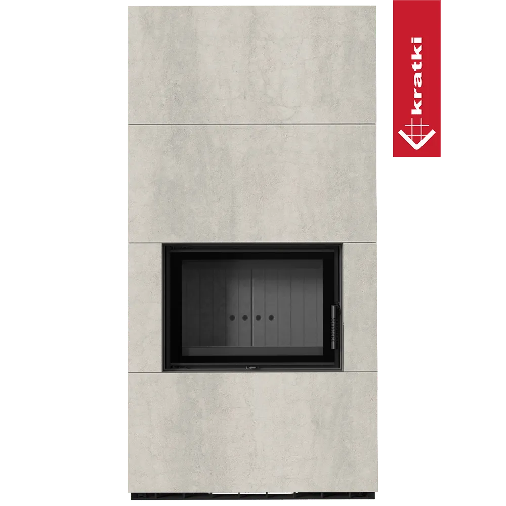 Kratki Floki S 8 kW, moderne grijze haard met strakke lijnen en glazen deur.