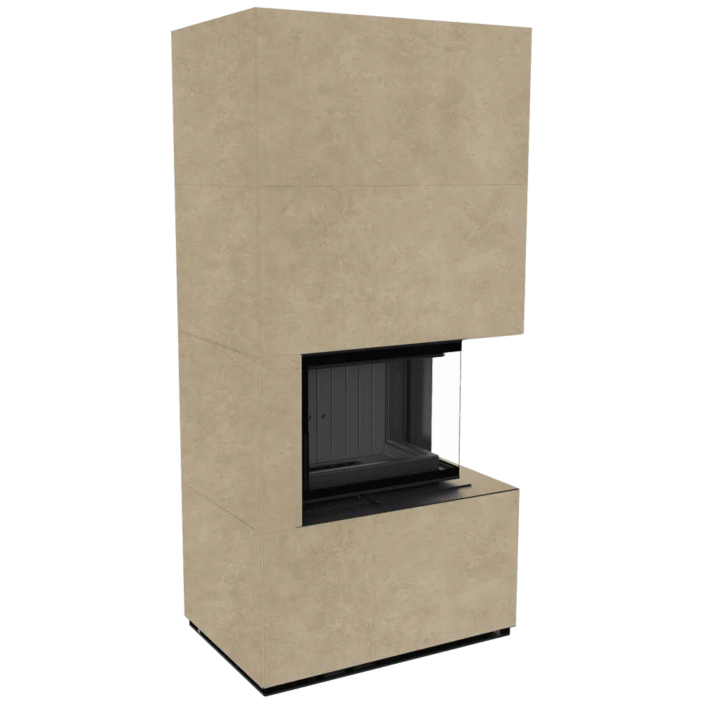 Kratki Floki S 8 kW Rechts, moderne hoekhaard met beige ombouw en glazen zijpaneel.