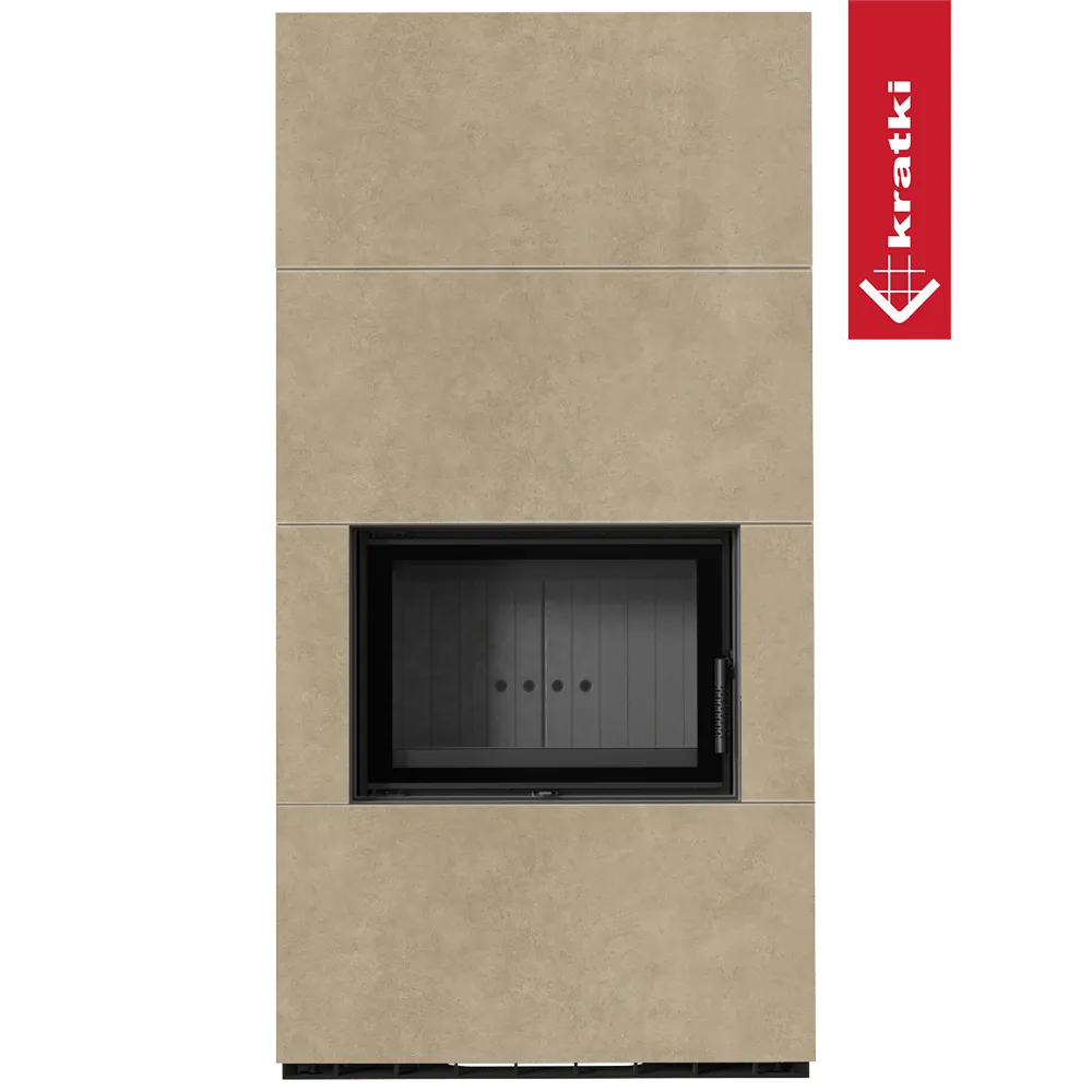 Kratki Floki S 8 kW, moderne beige haard met zwart glazen deur en strak ontwerp.