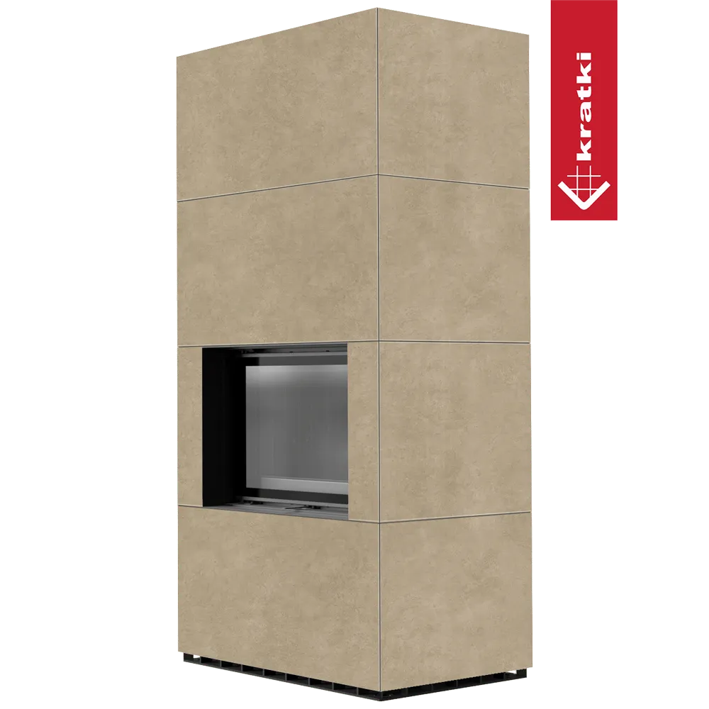 Kratki Floki S 8 kW, moderne beige haard met strakke lijnen en glazen deur.