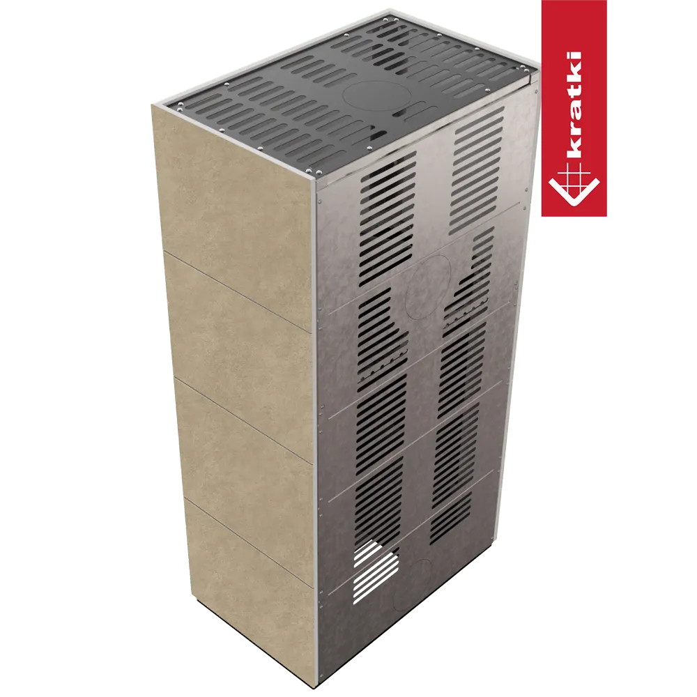 Kratki Floki S 8 kW, moderne vrijstaande houtkachel met metalen en stenen afwerking.