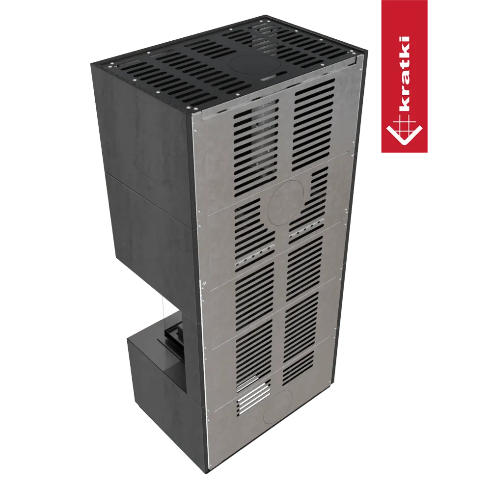 Kratki Floki S 8 kW Rechts, moderne zwarte houtkachel met ventilatierooster en strak ontwerp.