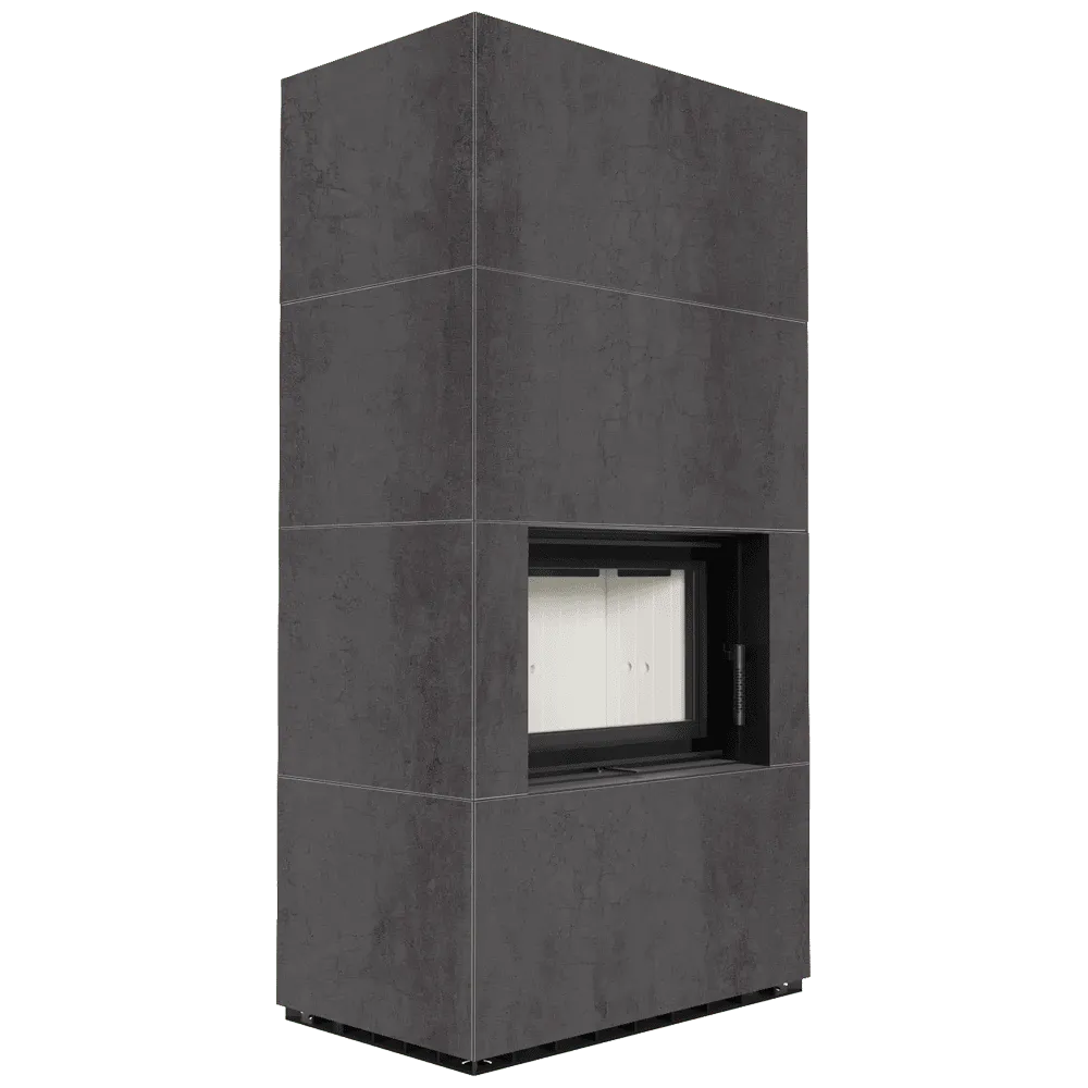 Moderne, rechthoekige Kratki Floki S 8 kW houtkachel met strakke, grijze afwerking.
