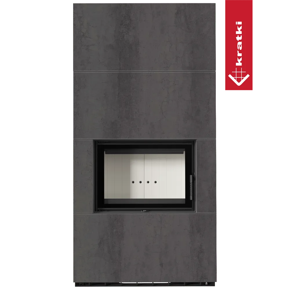 Kratki Floki S 8 kW, moderne grijze houtkachel met strakke lijnen en glazen deur.