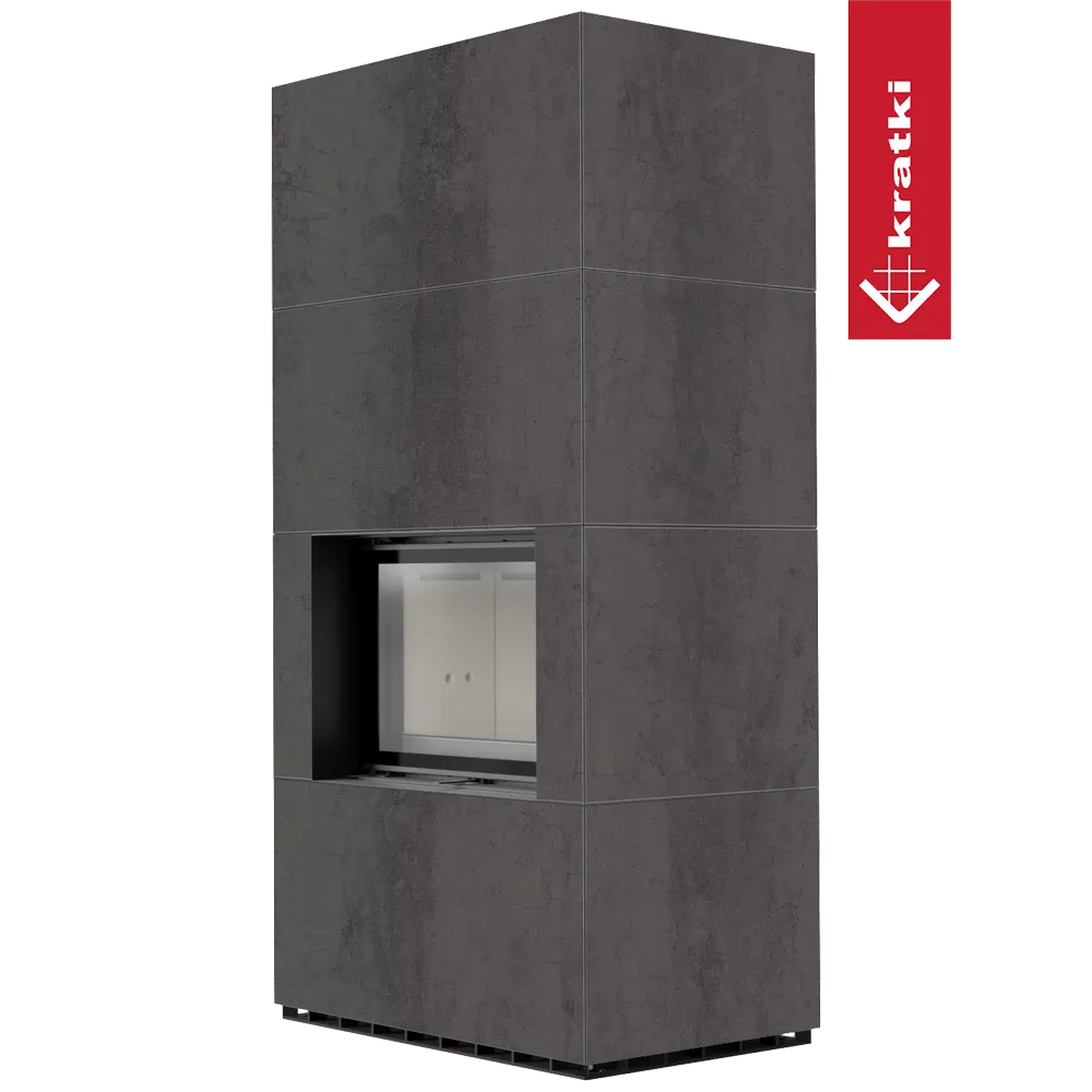 Kratki Floki S 8 kW, moderne grijze houtkachel met strakke lijnen en glazen deur.