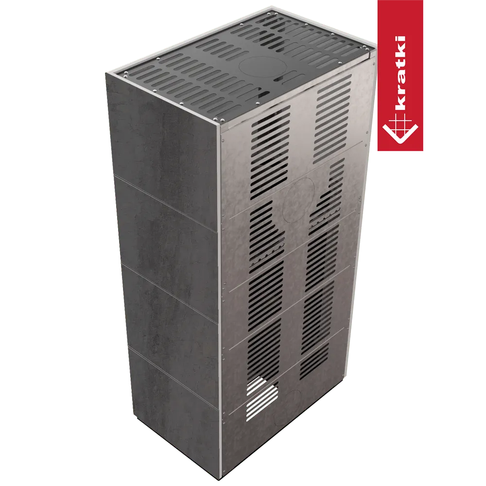 Kratki Floki S 8 kW, moderne grijze kachel met ventilatieopeningen en strak ontwerp.