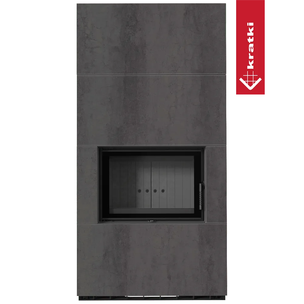 Kratki Floki S 8 kW, moderne grijze houtkachel met strak design en glazen deur.