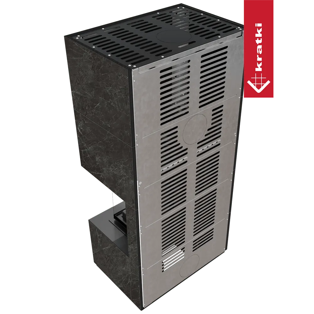 Kratki Floki S 8 kW Rechts, moderne houtkachel met grijze en zwarte afwerking.