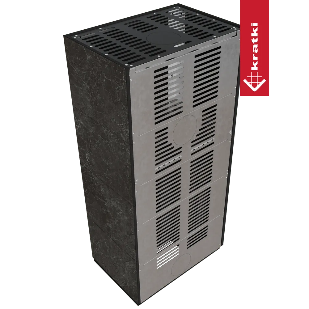 Kratki Floki S 8 kW Rechts, moderne zwarte kachel met ventilatierooster en marmerlook zijkanten.