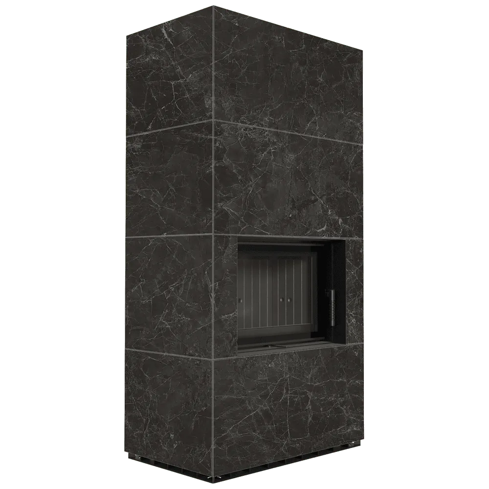 Kratki Floki S 8 kW, moderne zwarte marmeren haard met strakke lijnen en minimalistisch ontwerp.