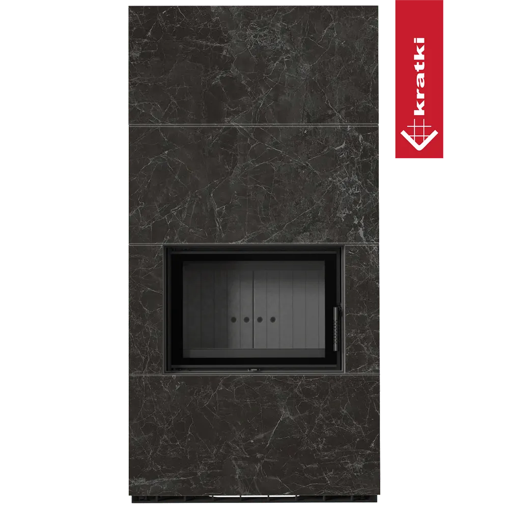 Kratki Floki S 8 kW houtkachel met zwart marmeren afwerking en glazen deur.