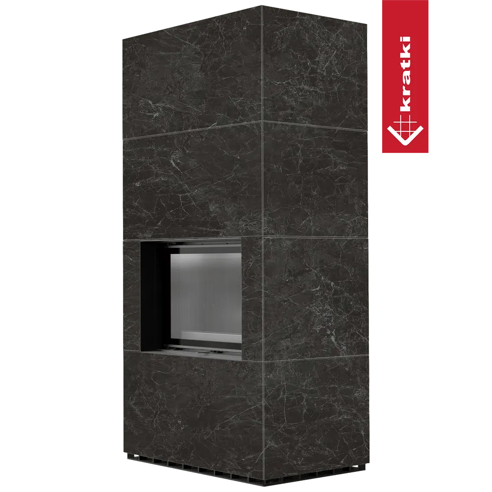 Kratki Floki S 8 kW, moderne zwarte marmeren haard met strakke lijnen en glazen deur.