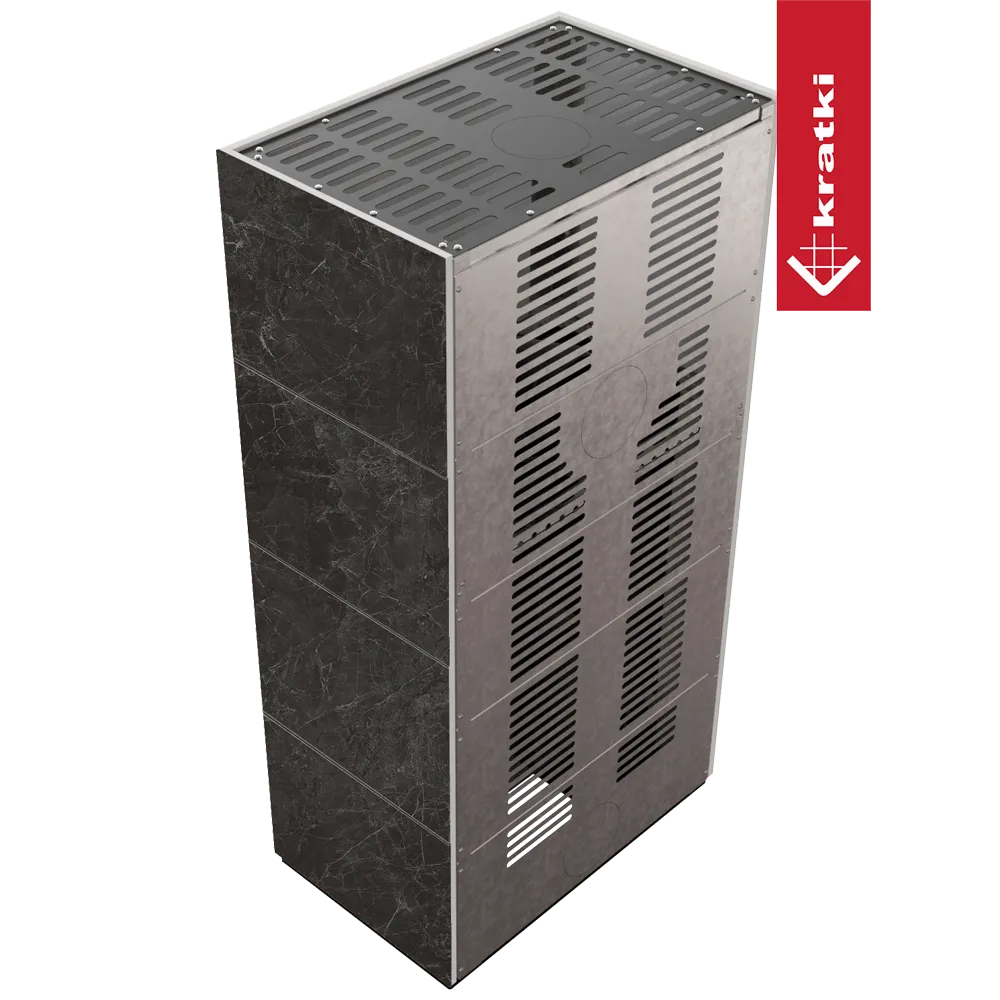 Kratki Floki S 8 kW, moderne zwarte kachel met ventilatieroosters en marmerachtige zijpanelen.