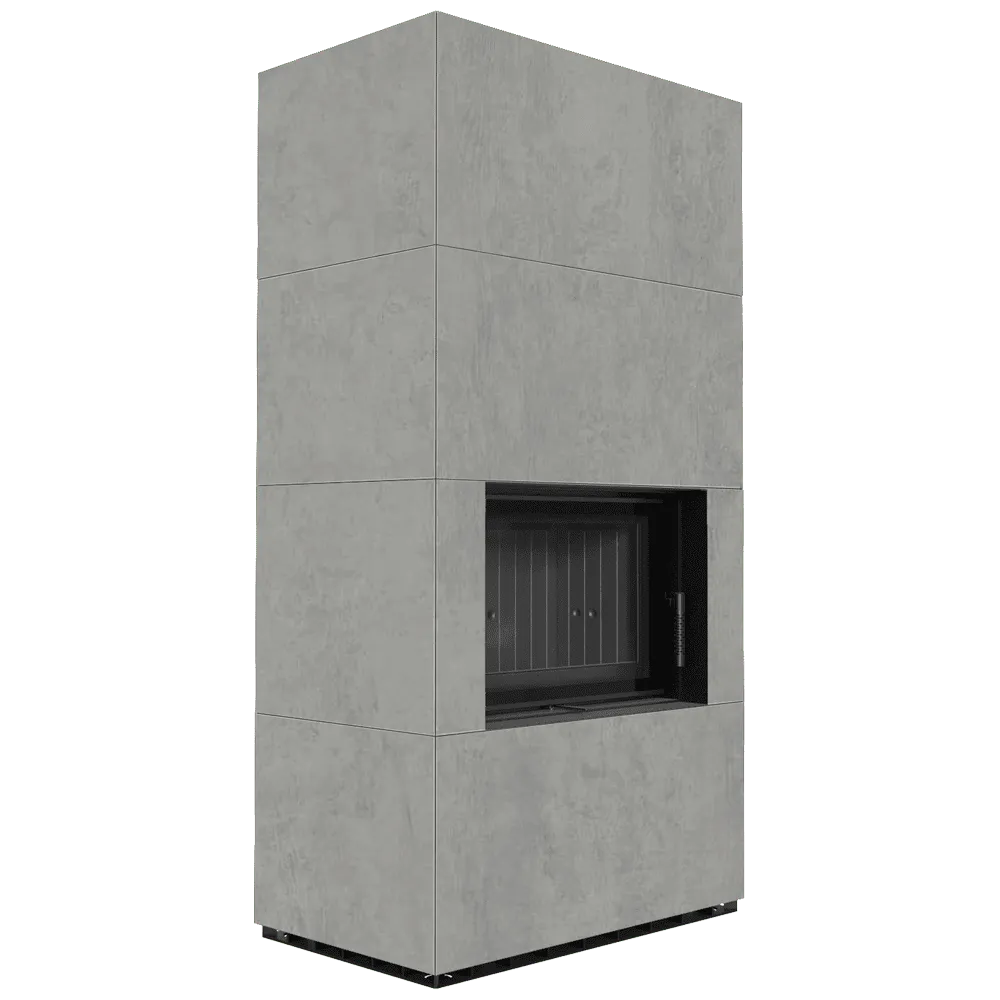Grijze, rechthoekige Kratki Floki S 8 kW haard met minimalistisch ontwerp en strakke lijnen.