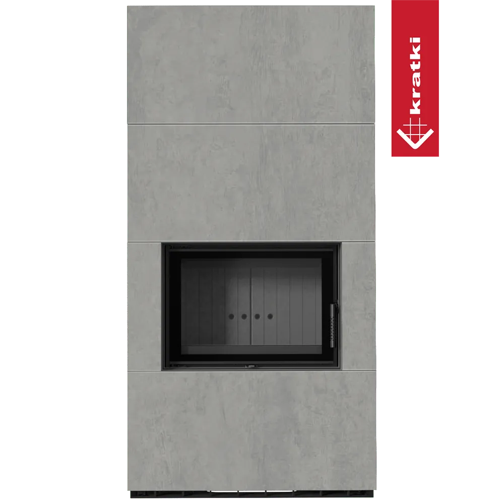 Kratki Floki S 8 kW, moderne grijze houtkachel met strakke lijnen en glazen deur.