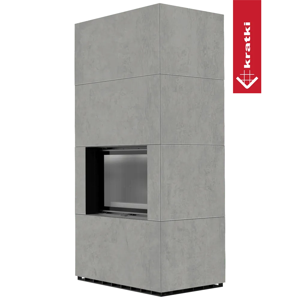 Grijze, moderne Kratki Floki S 8 kW houtkachel met strakke lijnen en minimalistisch ontwerp.