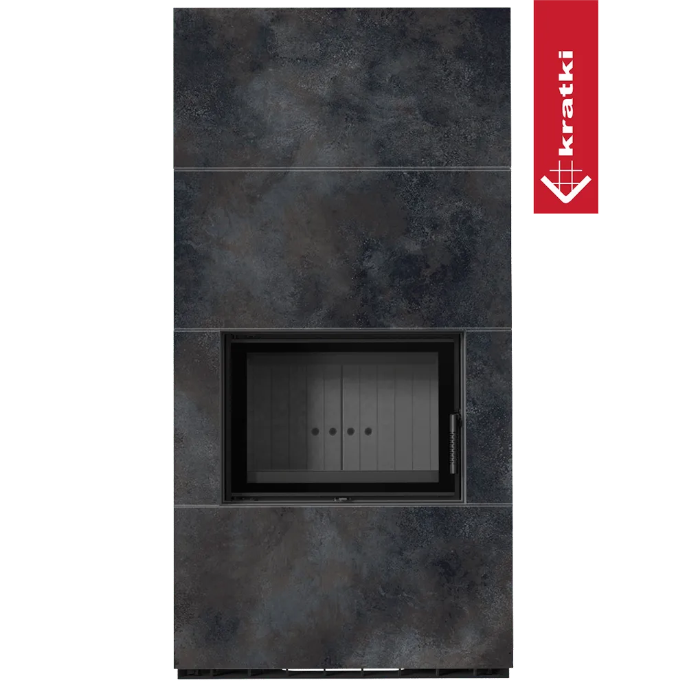 Kratki Floki S 8 kW houtkachel met een modern, donkergrijs ontwerp en glazen deur.