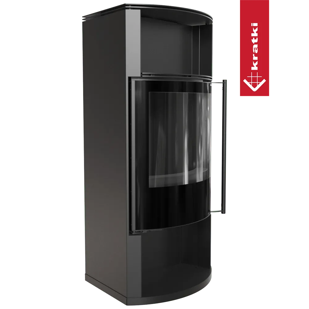 Zwarte Kratki Tofa houtkachel met gebogen glazen deur en strak, modern ontwerp.