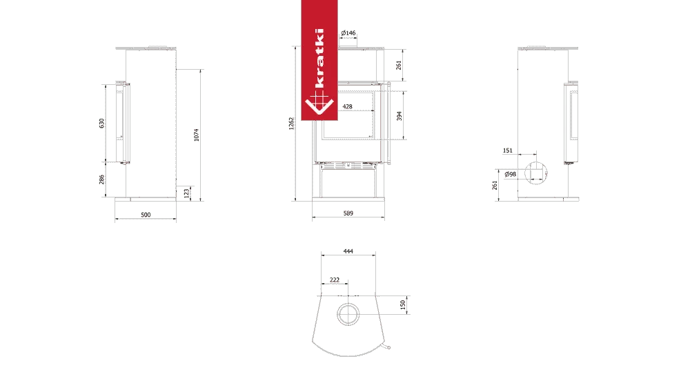 Technische tekening van Kratki Tofa houtkachel met gedetailleerde afmetingen en zijaanzichten.