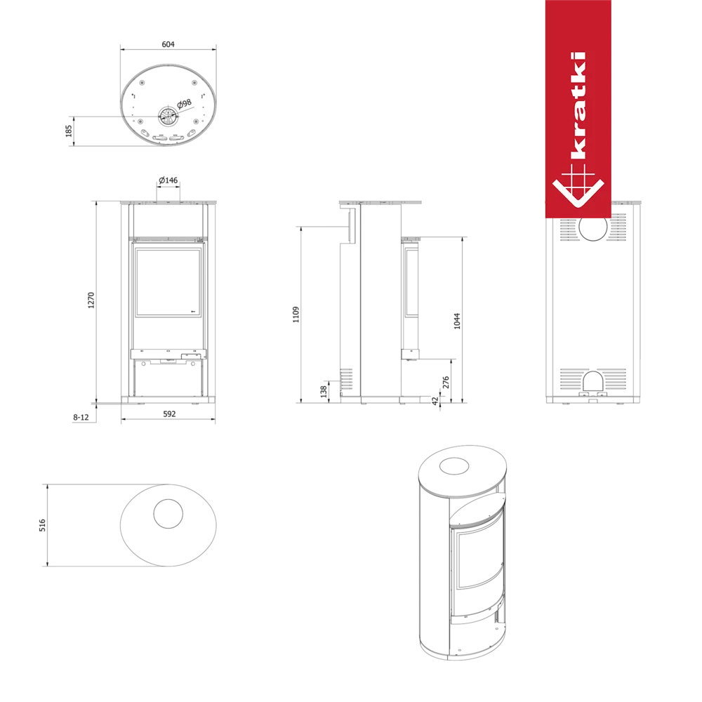 Technische tekening van Kratki Runa haard met afmetingen en specificaties.